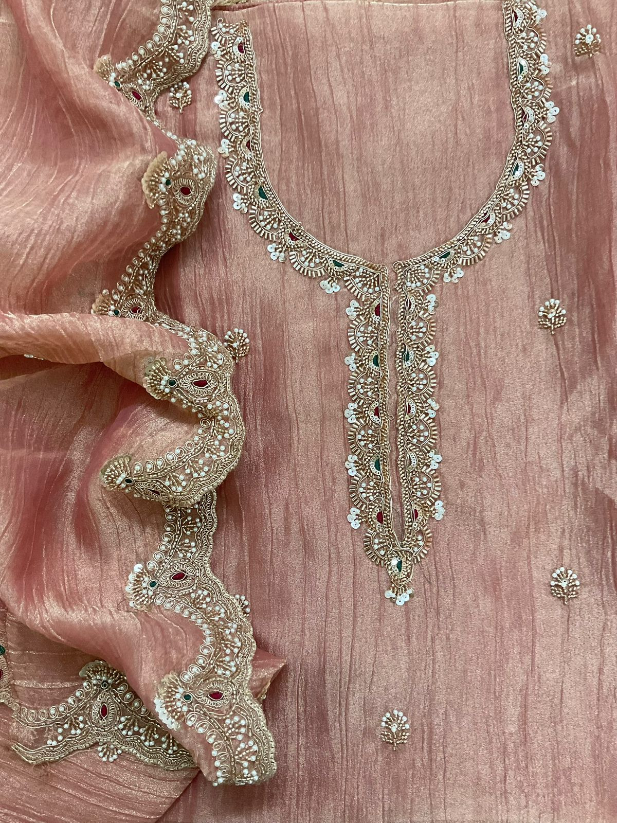 Soft Crushed Tissue Embroidered Suit - Peach