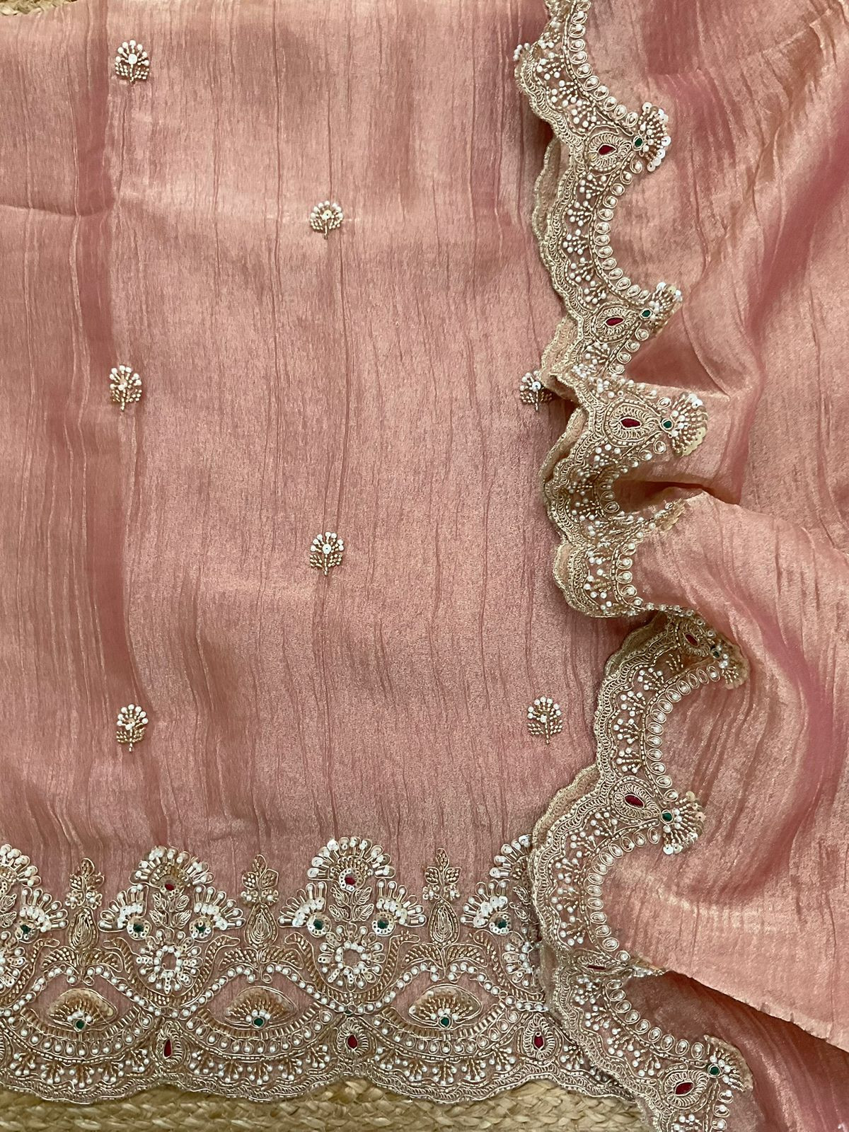 Soft Crushed Tissue Embroidered Suit - Peach