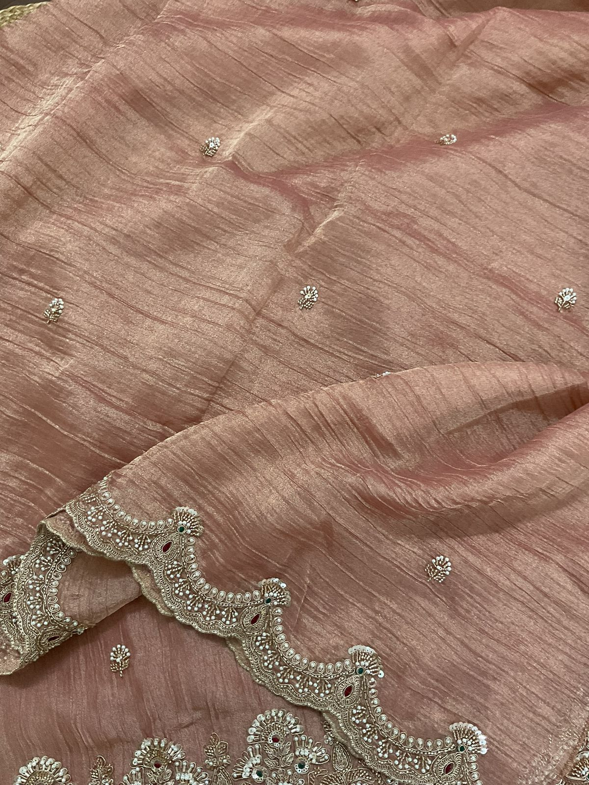 Soft Crushed Tissue Embroidered Suit - Peach