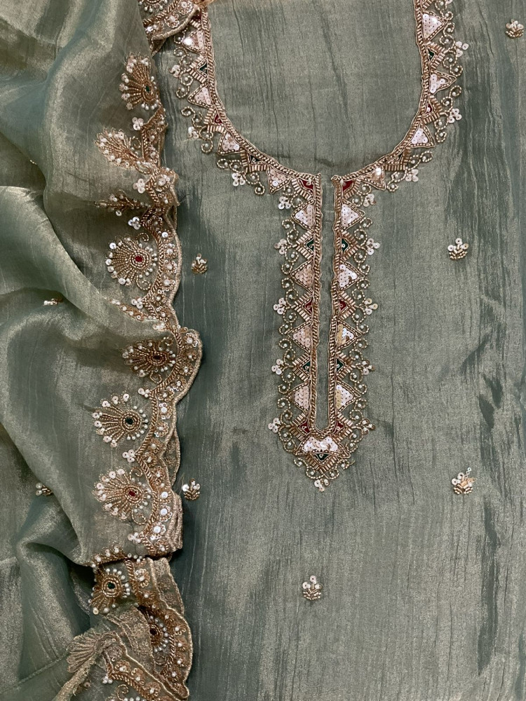 Image of Soft Crushed Tissue Embroidered Suit - Green