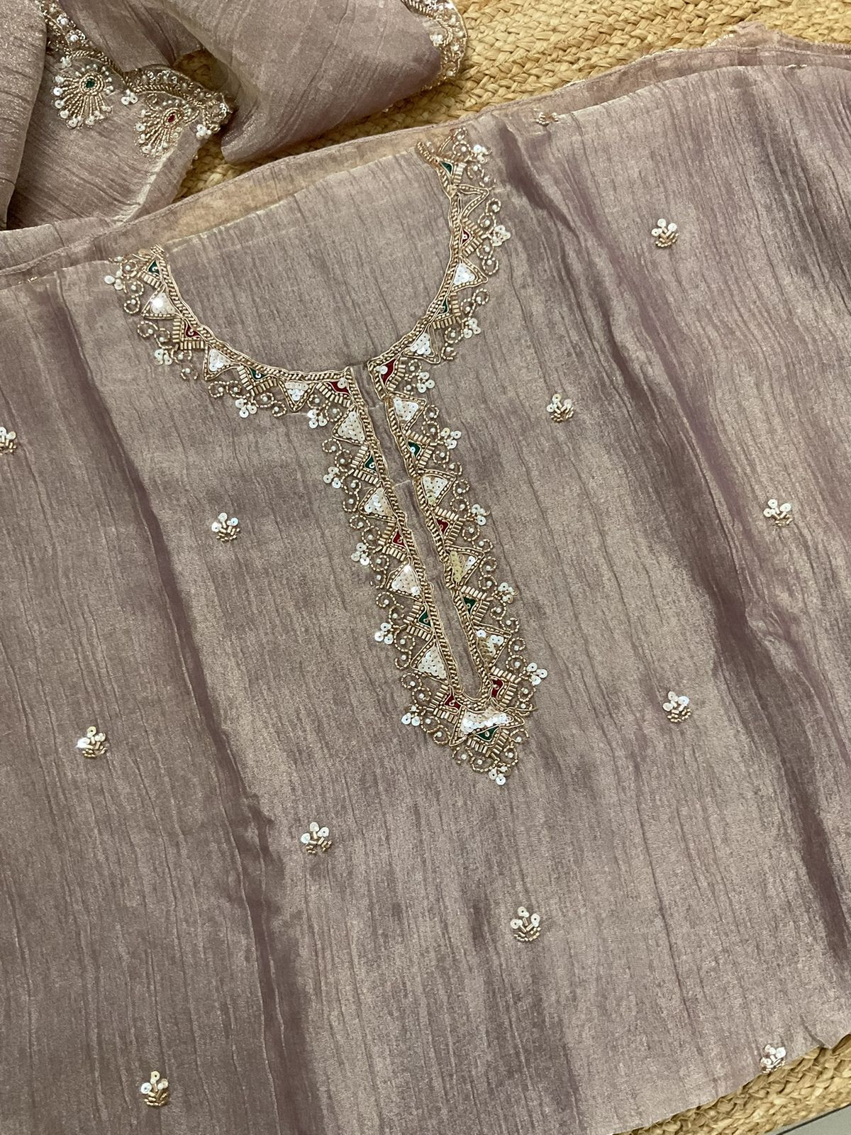 Soft Crushed Tissue Embroidered Suit - Mauve