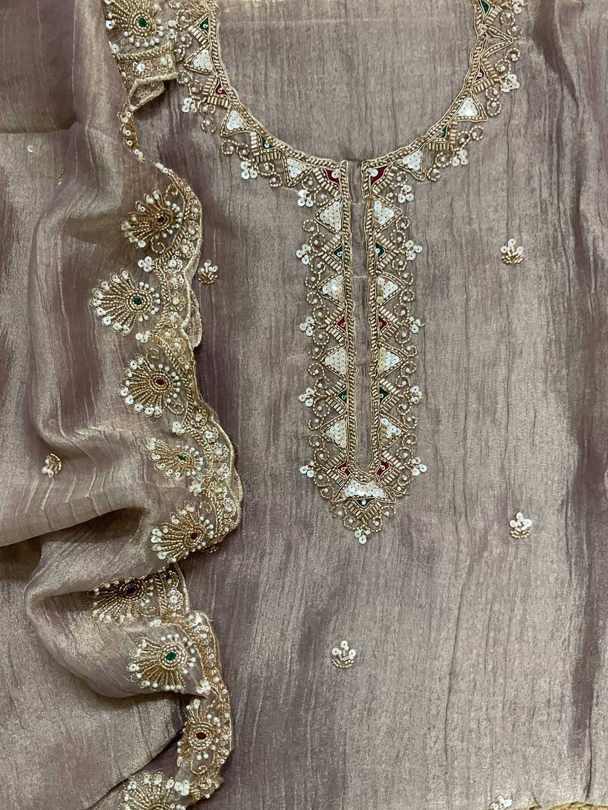 Soft Crushed Tissue Embroidered Suit - Mauve