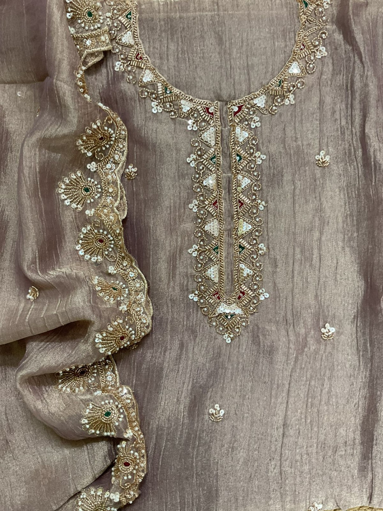 Image of Soft Crushed Tissue Embroidered Suit - Mauve