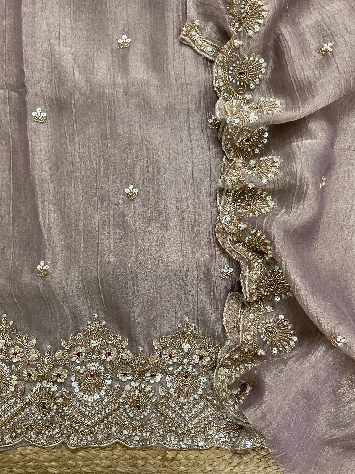 Soft Crushed Tissue Embroidered Suit - Mauve
