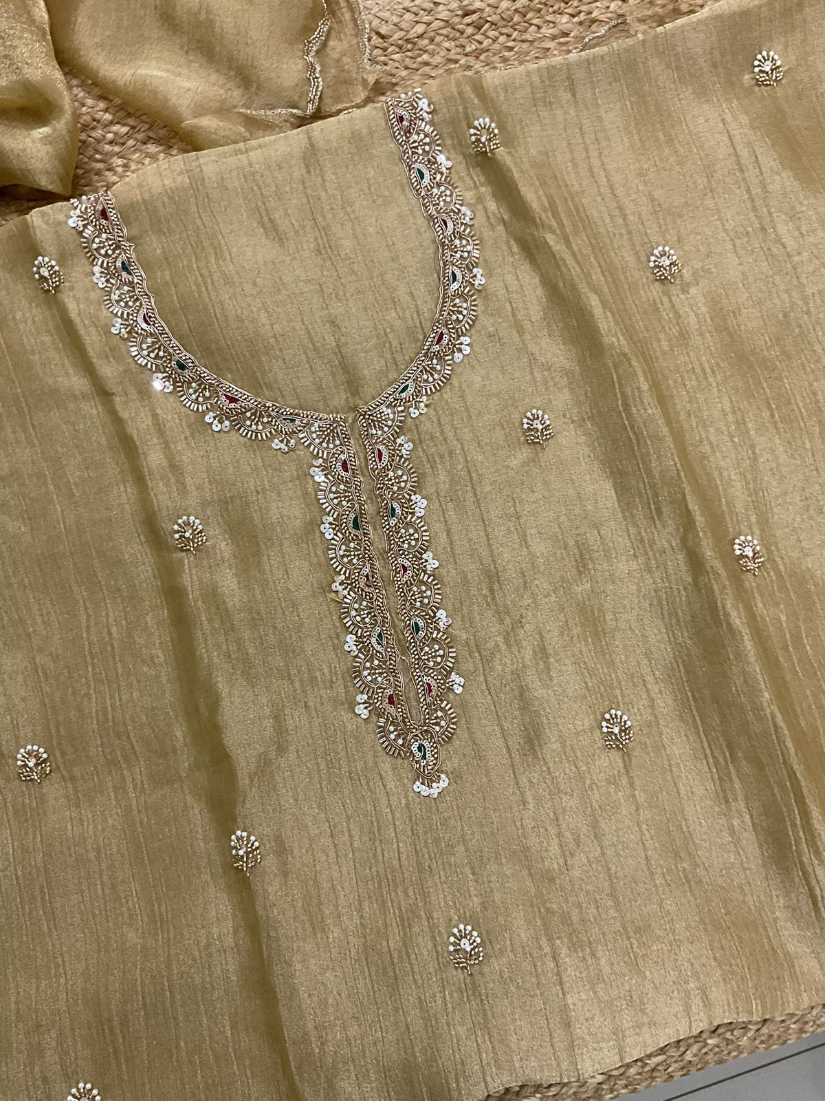 Soft Crushed Tissue Embroidered Suit - Yellow