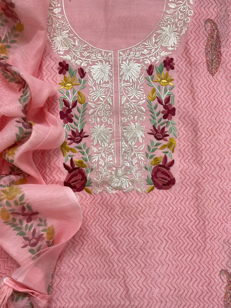 Image of Soft Chanderi Printed Embroidered Suit - Pink