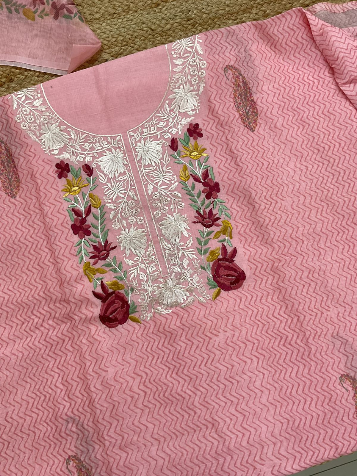 Soft Chanderi Printed Embroidered Suit - Pink