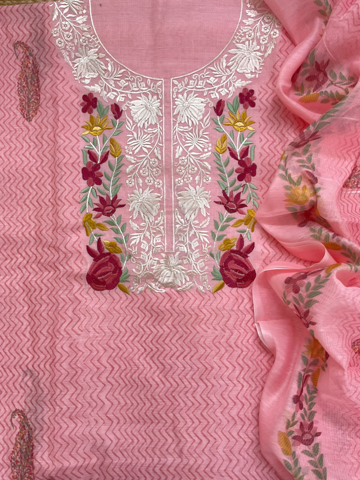 Soft Chanderi Printed Embroidered Suit - Pink
