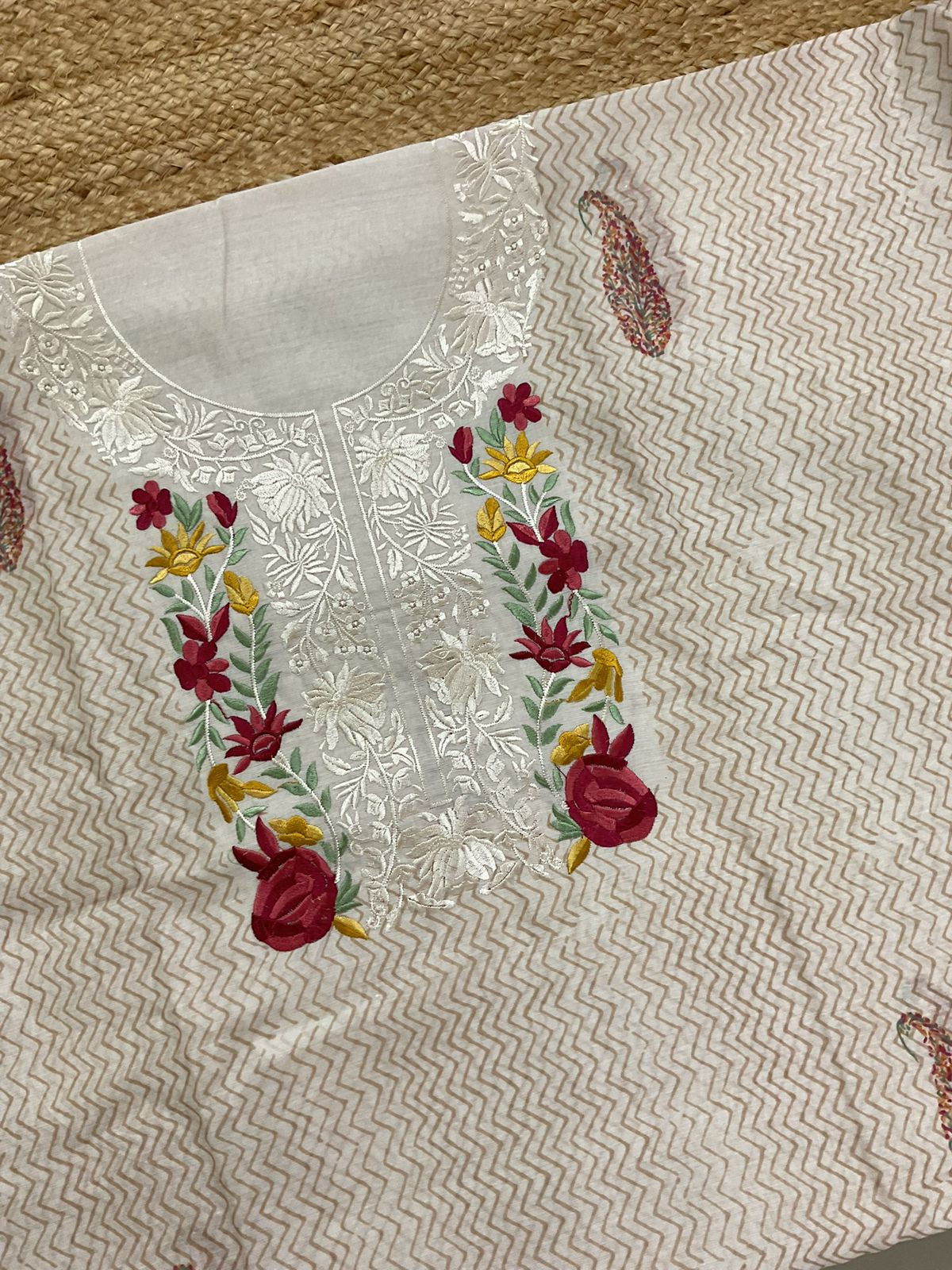 Soft Chanderi Printed Embroidered Suit - Cream