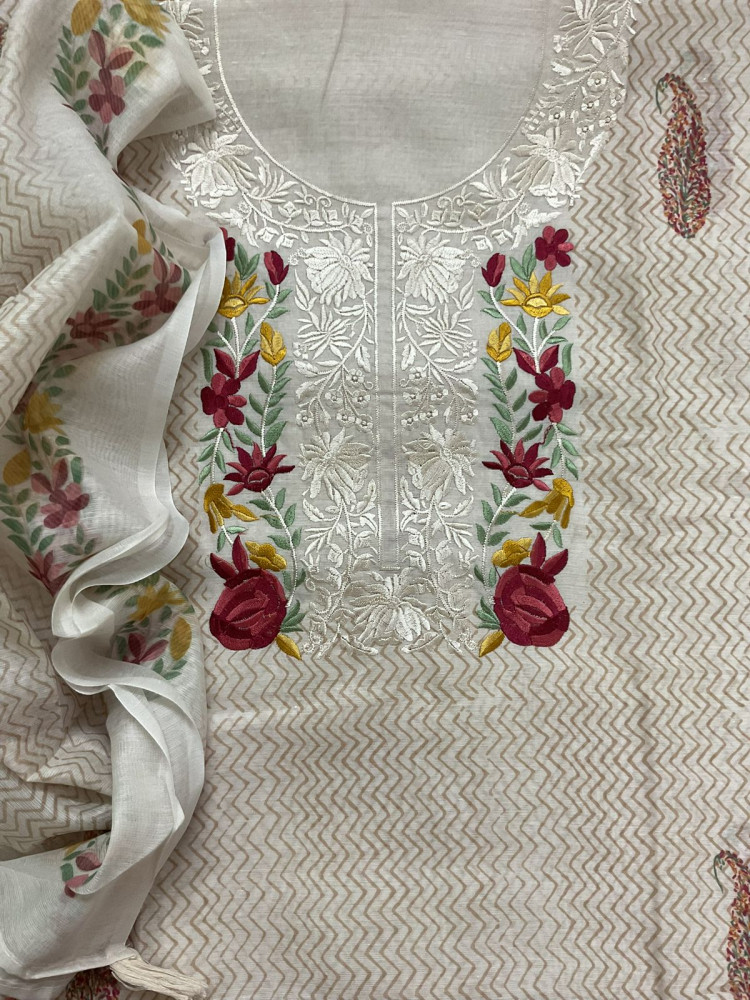 Image of Soft Chanderi Printed Embroidered Suit - Cream