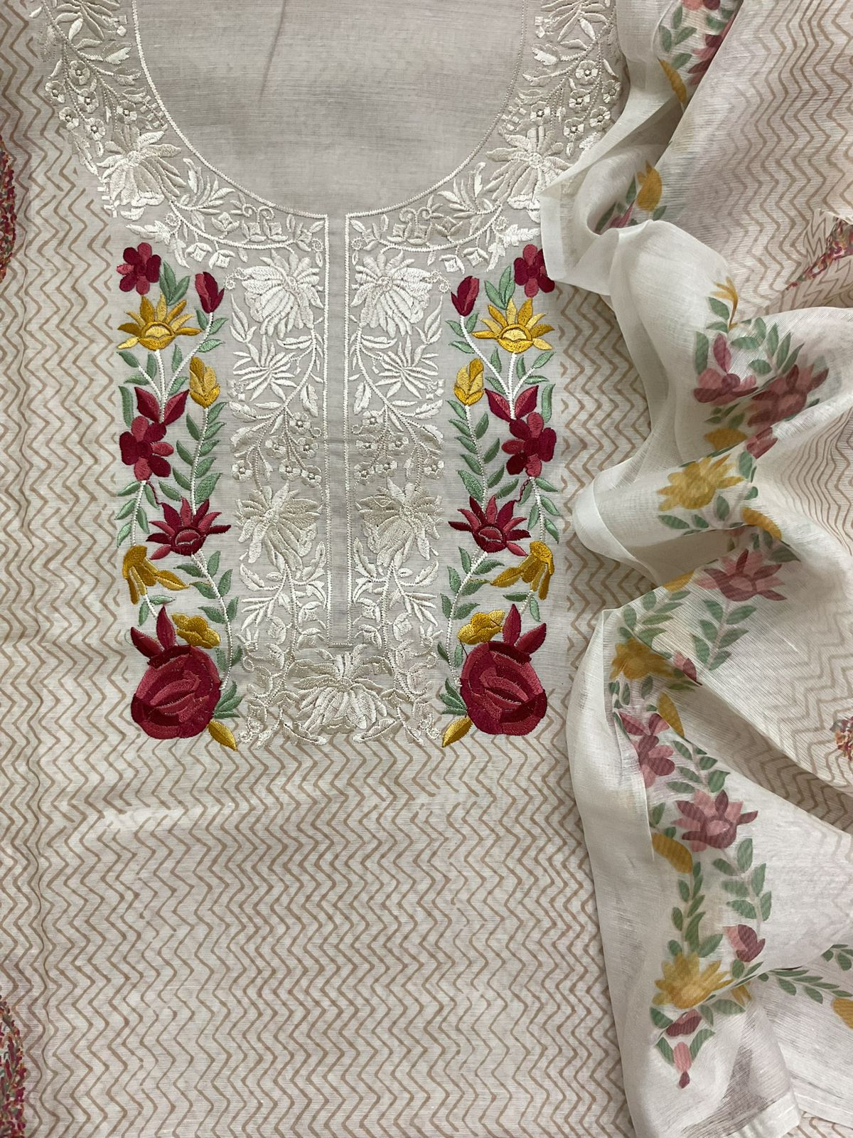 Soft Chanderi Printed Embroidered Suit - Cream