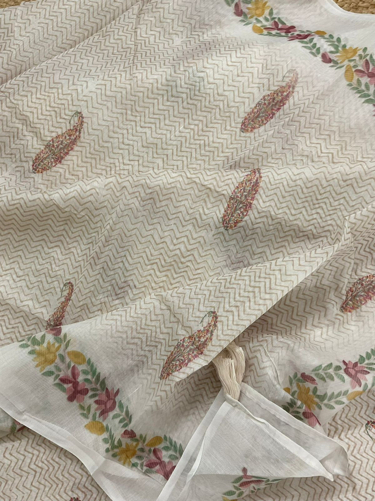 Soft Chanderi Printed Embroidered Suit - Cream