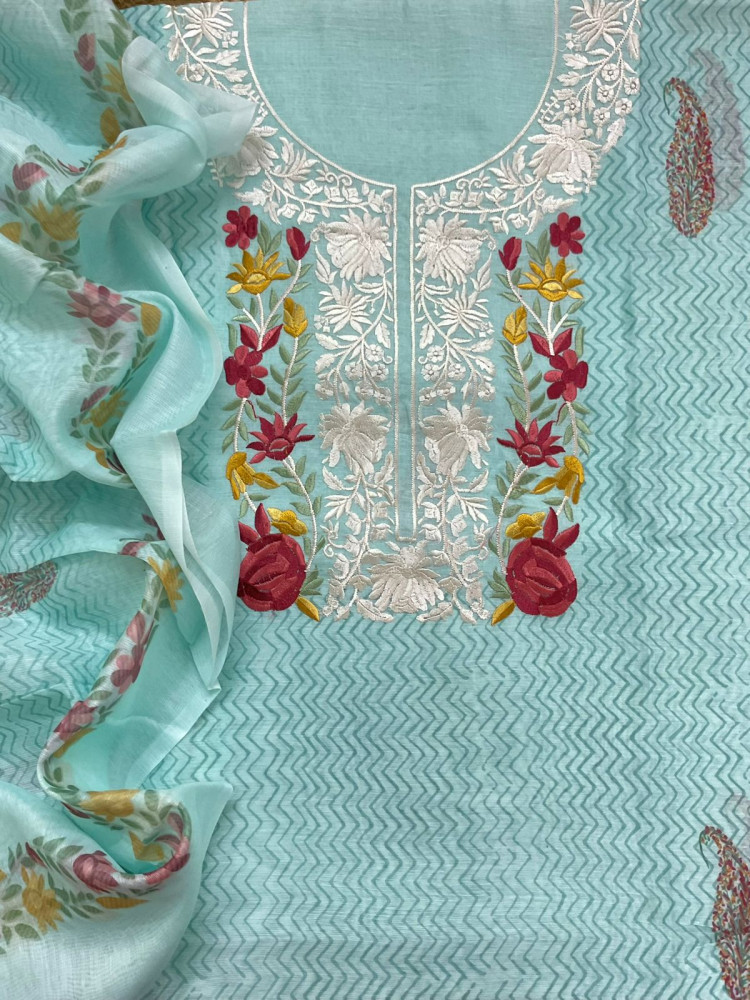 Image of Soft Chanderi Printed Embroidered Suit - Blue