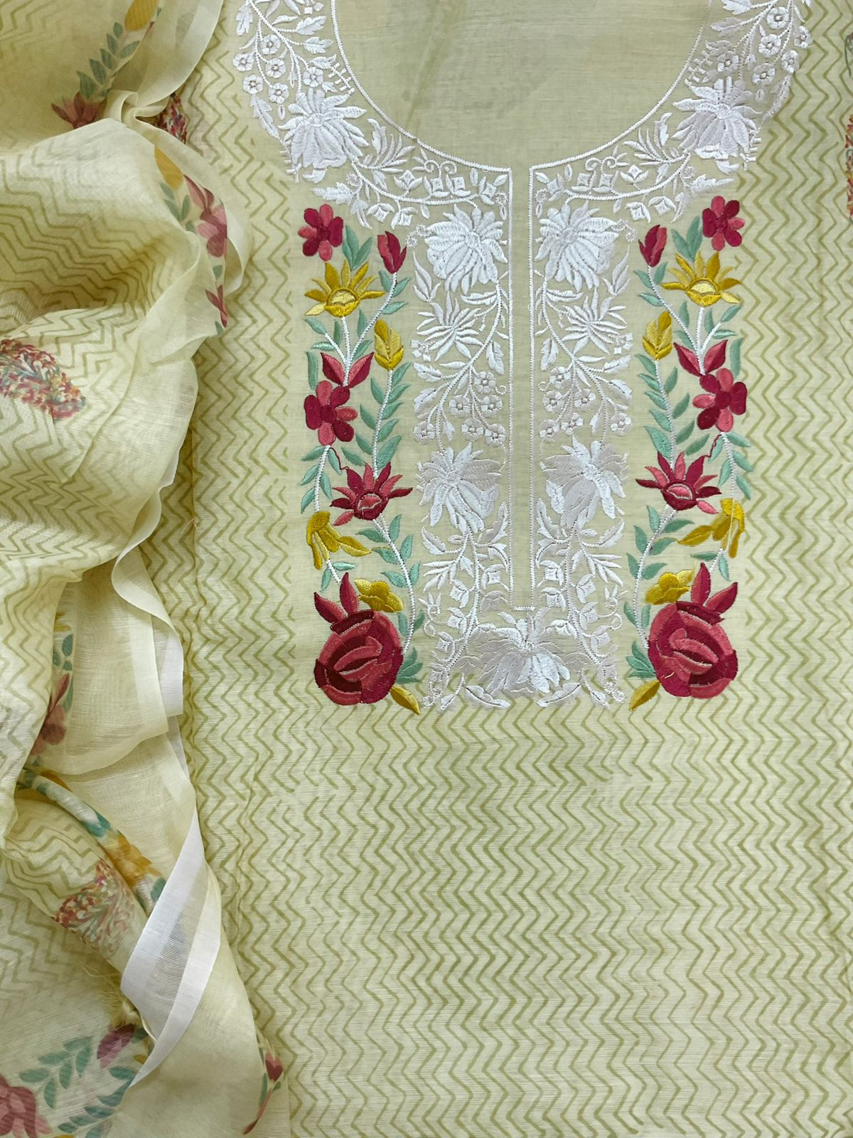 Soft Chanderi Printed Embroidered Suit - Yellow