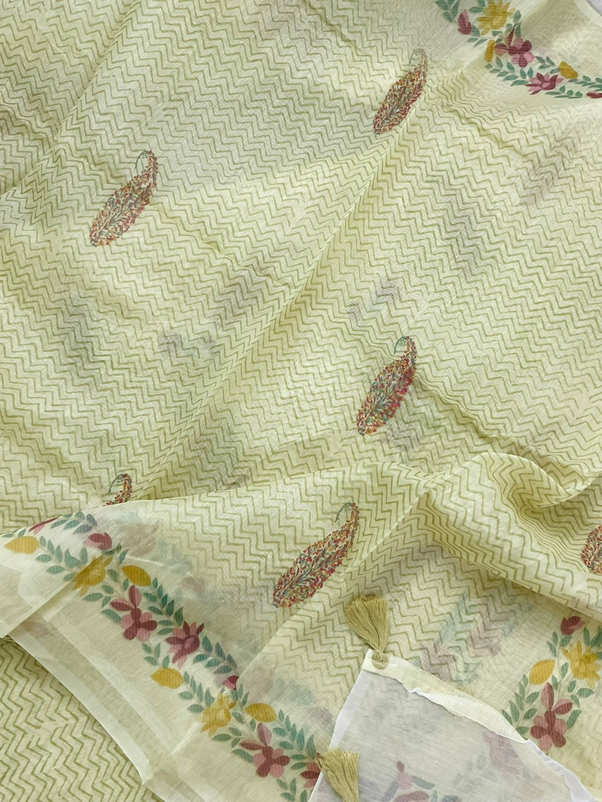Soft Chanderi Printed Embroidered Suit - Yellow