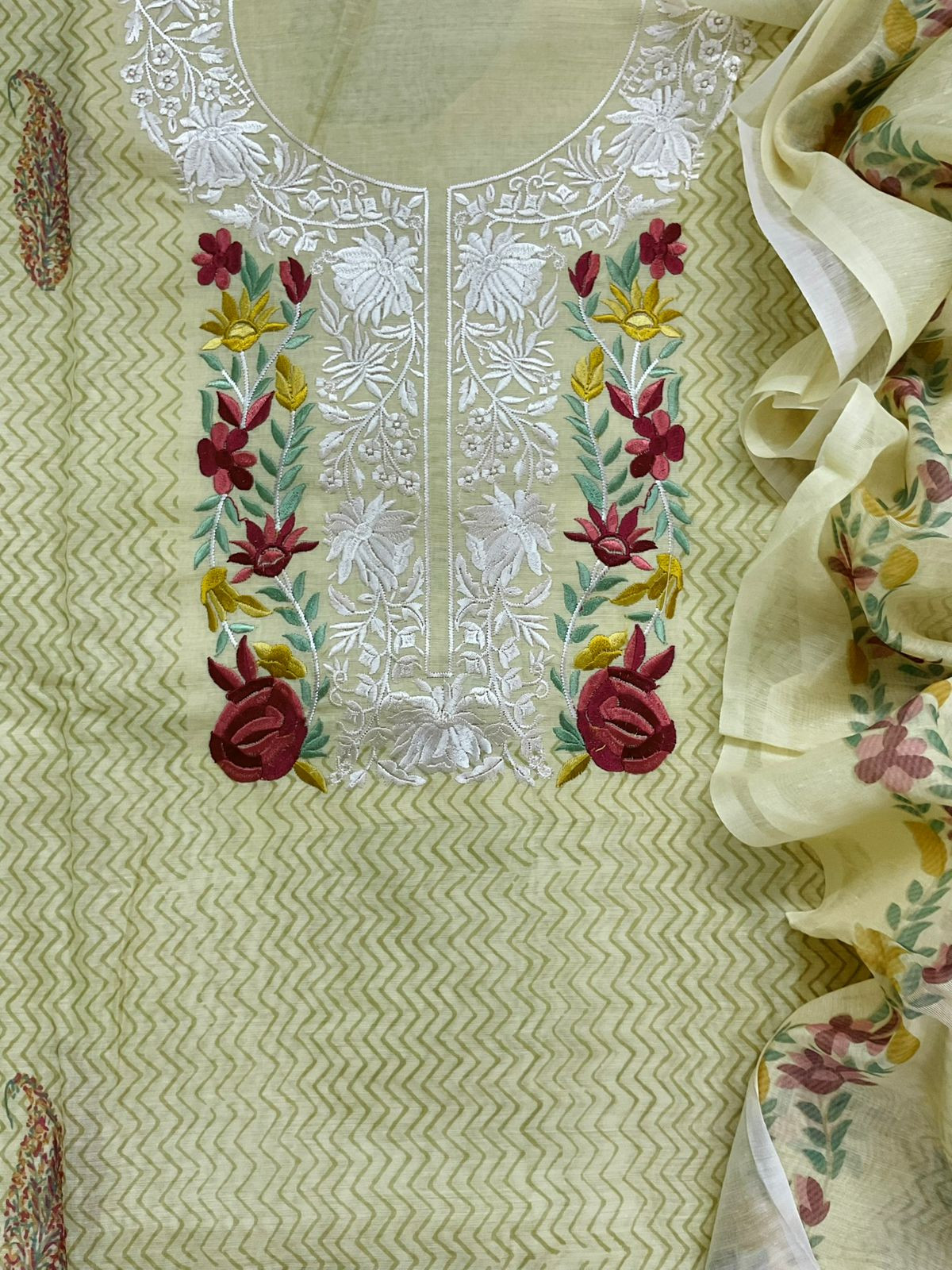 Soft Chanderi Printed Embroidered Suit - Yellow