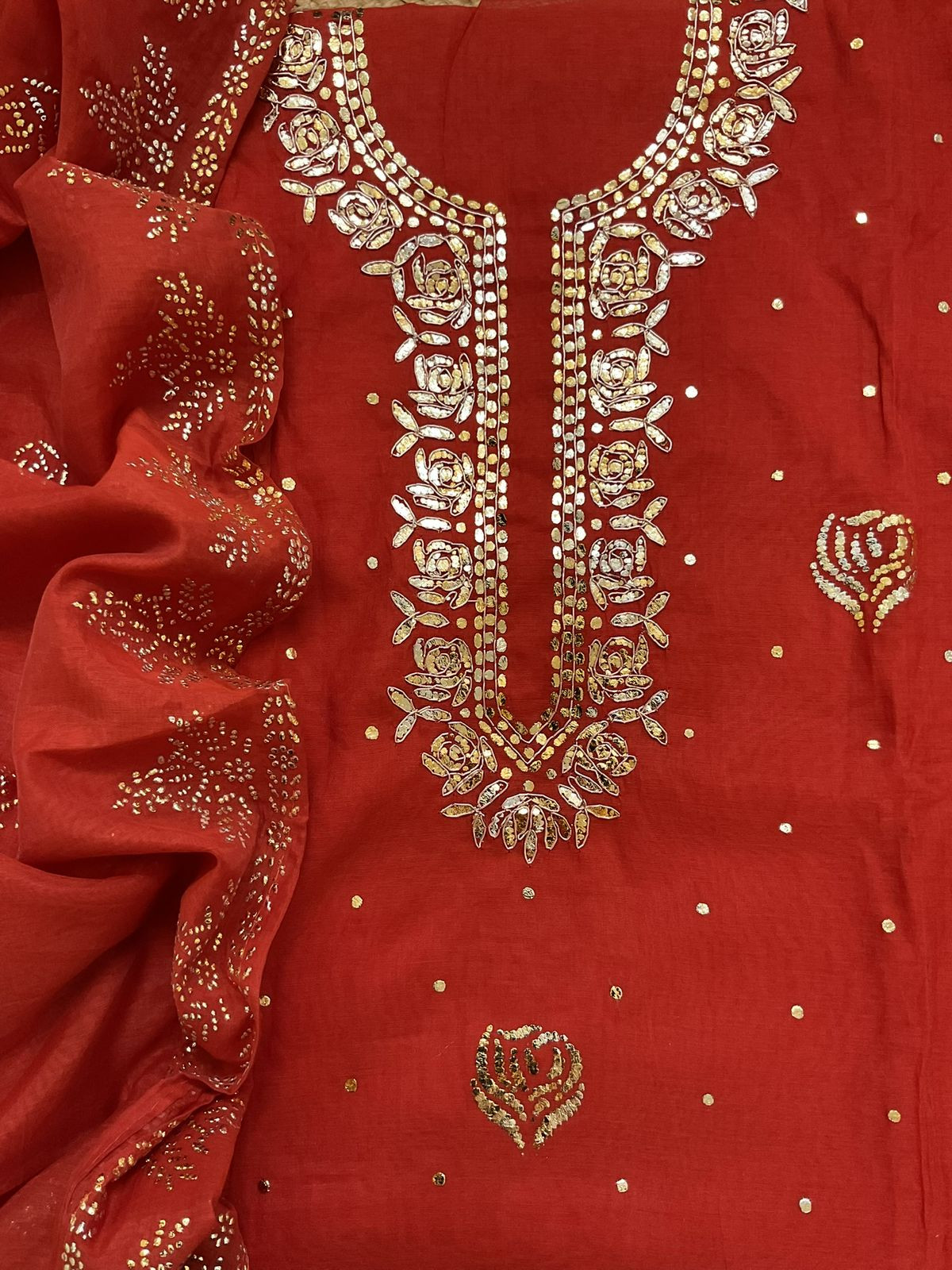 Soft Chanderi Embroidered Suit - Orange