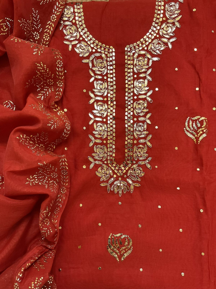 Image of Soft Chanderi Embroidered Suit - Orange