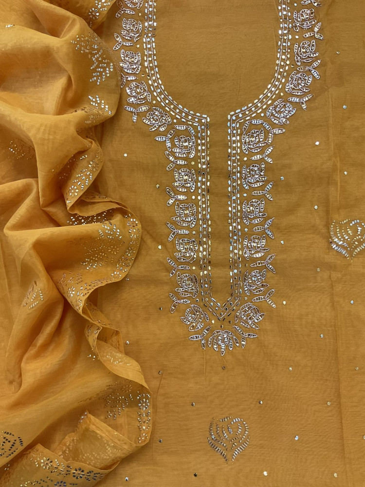 Image of Soft Chanderi Embroidered Suit - Yellow