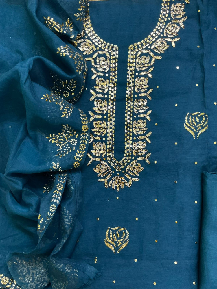 Image of Soft Chanderi Embroidered Suit - Blue