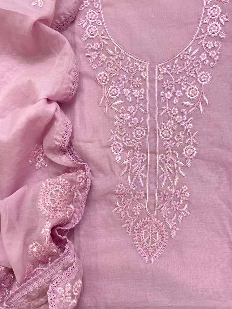 Image of Soft Chanderi Embroidered Suit - Lilac