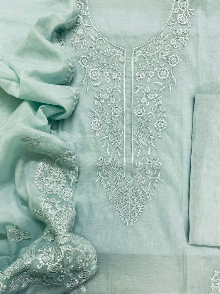 Image of Soft Chanderi Embroidered Suit - Blue
