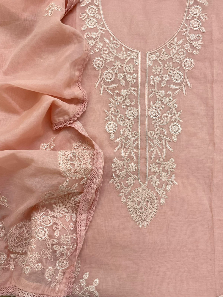 Image of Soft Chanderi Embroidered Suit - Peach