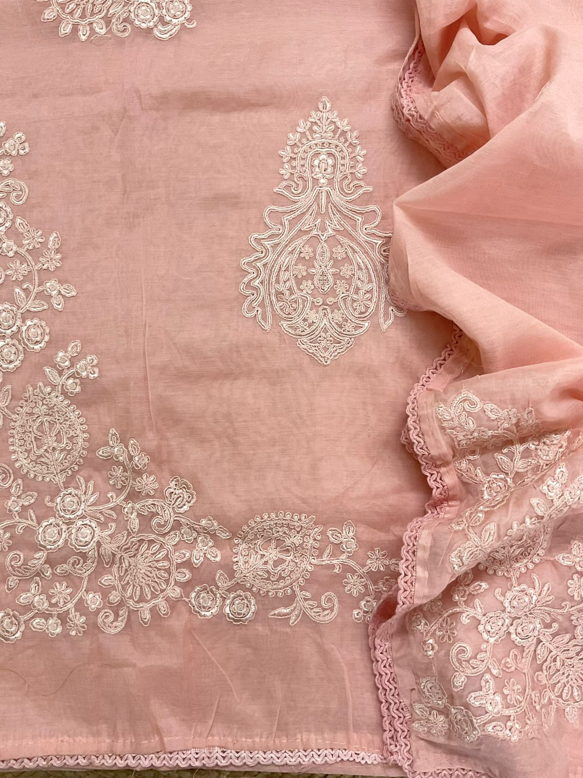 Soft Chanderi Embroidered Suit - Peach