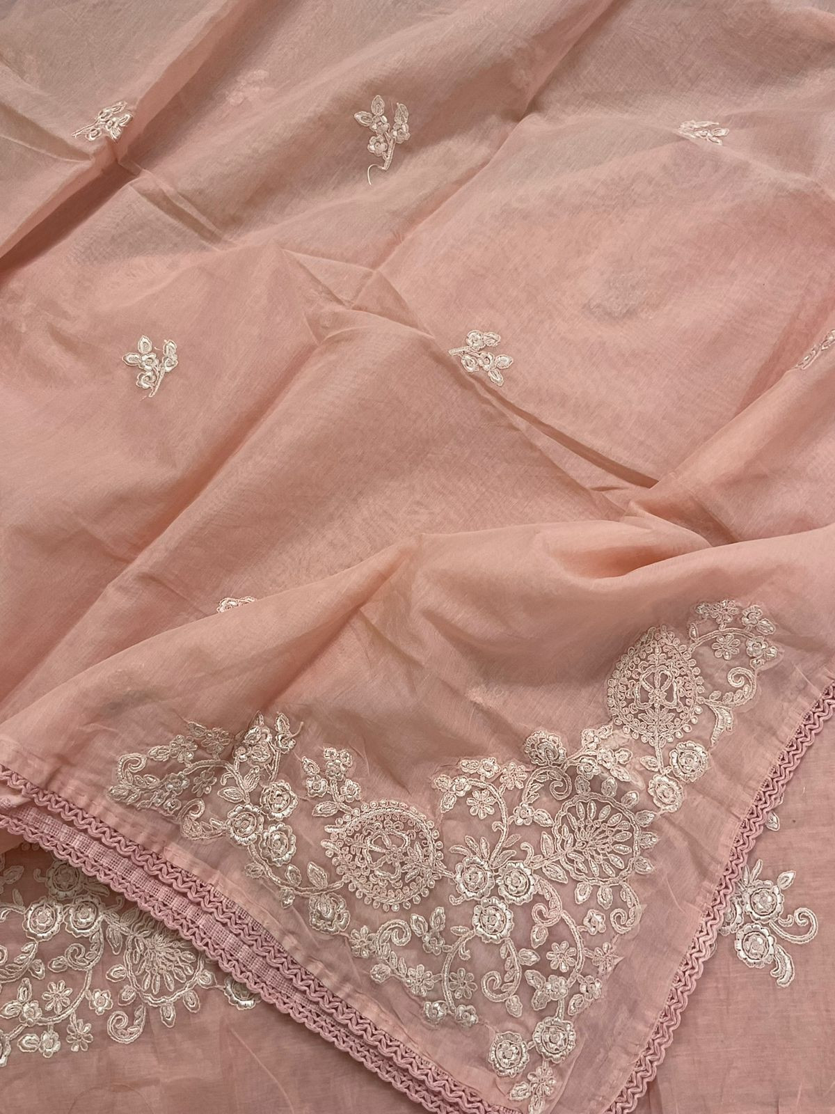 Soft Chanderi Embroidered Suit - Peach