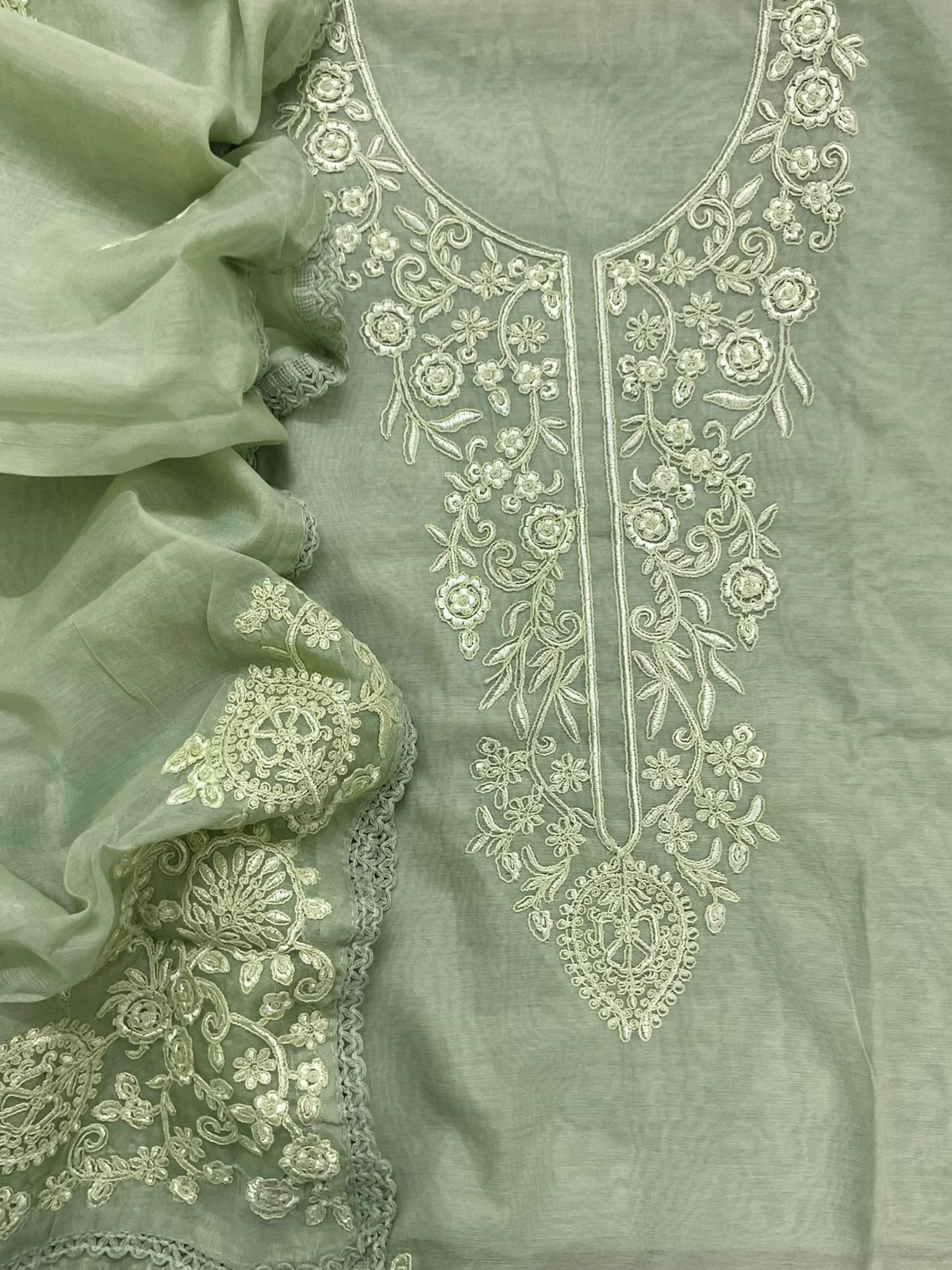 Soft Chanderi Embroidered Suit - Green