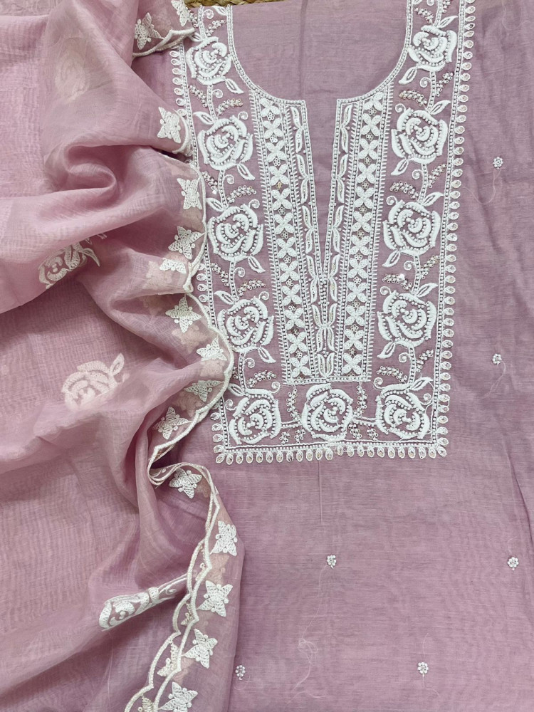 Image of Soft Chanderi Embroidered Suit - Lilac