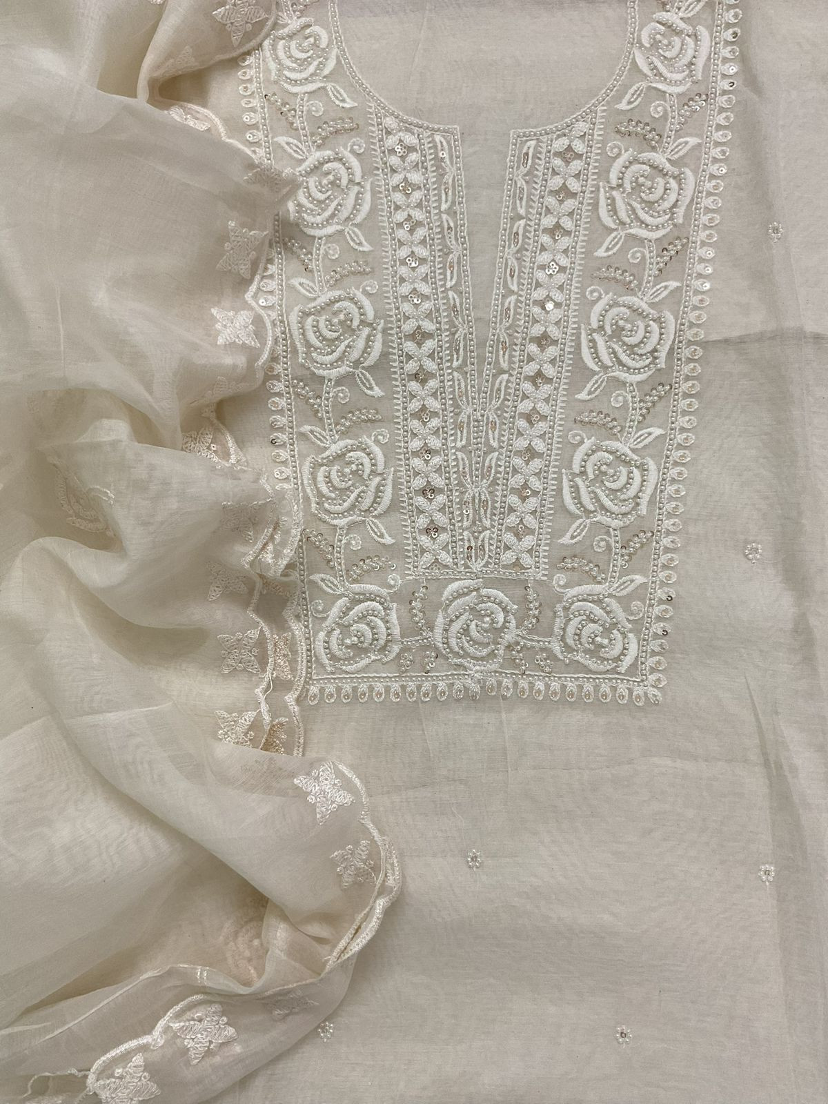 Soft Chanderi Embroidered Suit - Off White