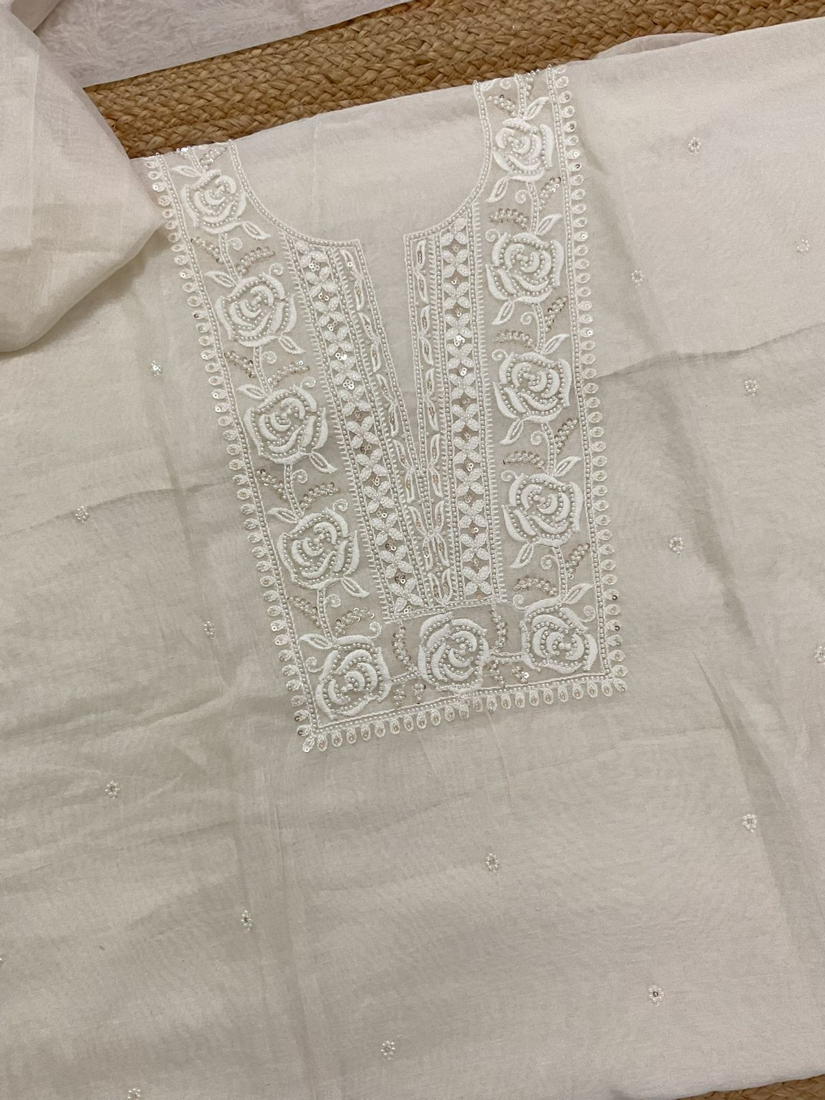 Soft Chanderi Embroidered Suit - Off White