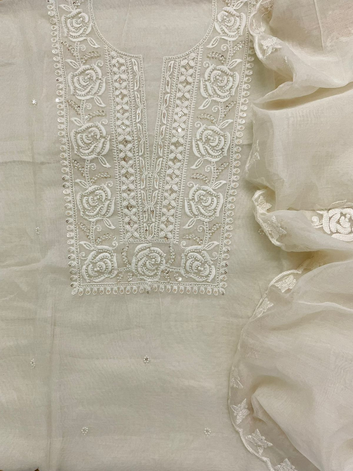 Soft Chanderi Embroidered Suit - Off White