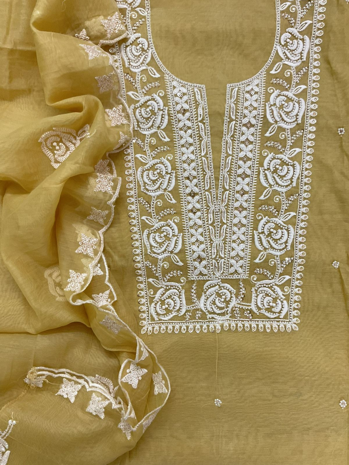 Soft Chanderi Embroidered Suit - Yellow