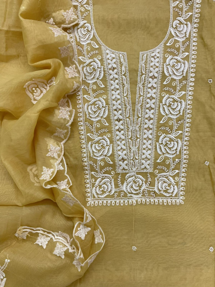 Image of Soft Chanderi Embroidered Suit - Yellow