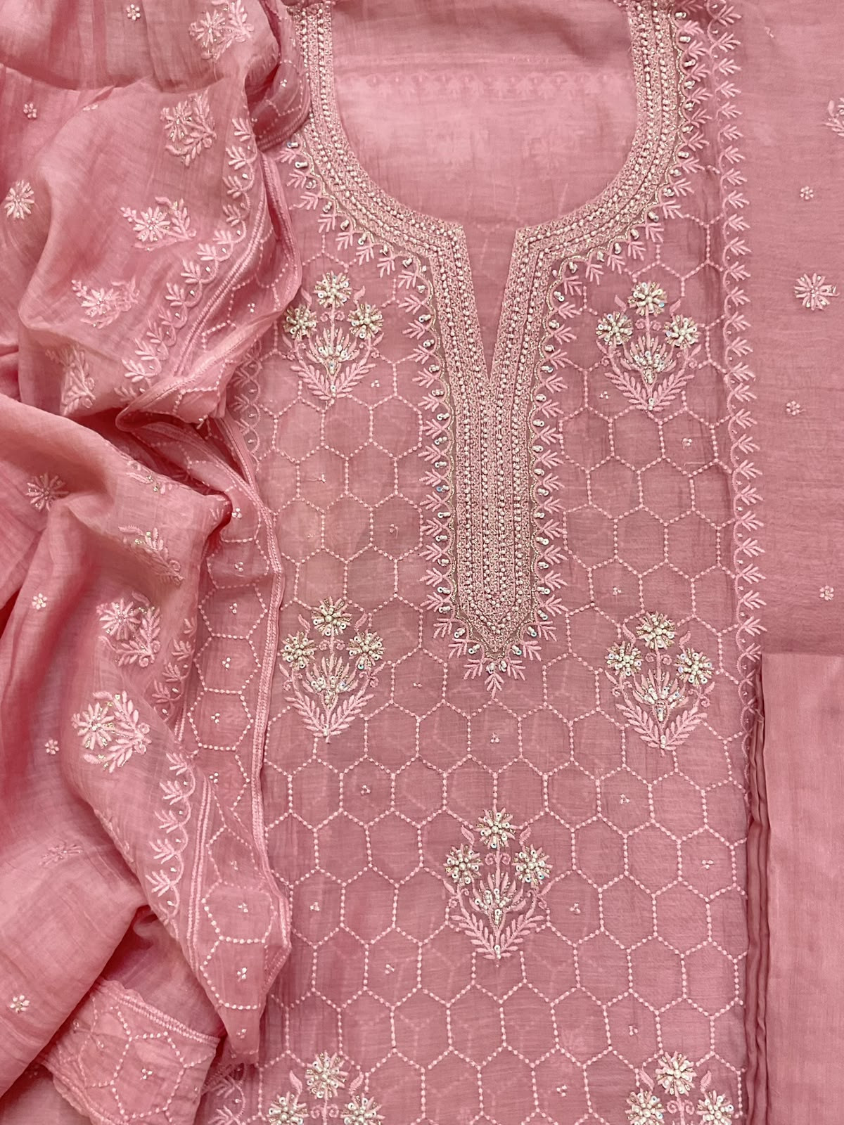 Pure Mul Chanderi Embroidered Suit - Pink