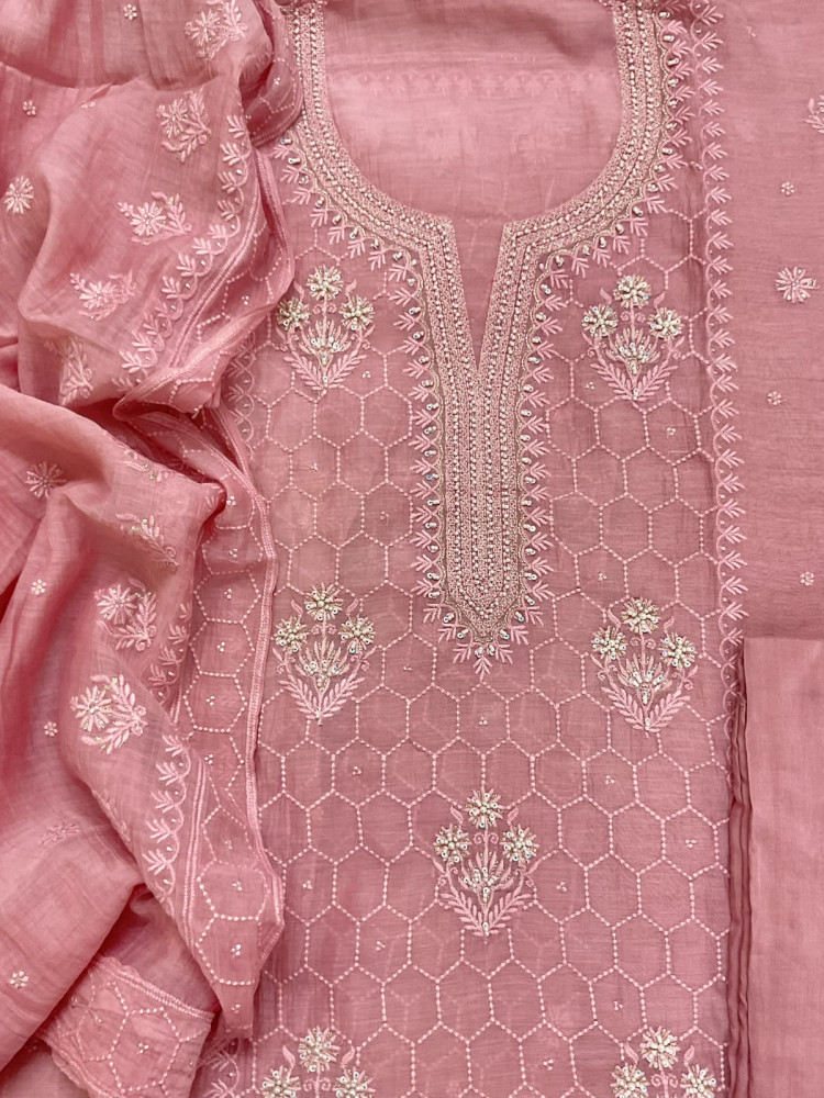 Image of Pure Mul Chanderi Embroidered Suit - Pink