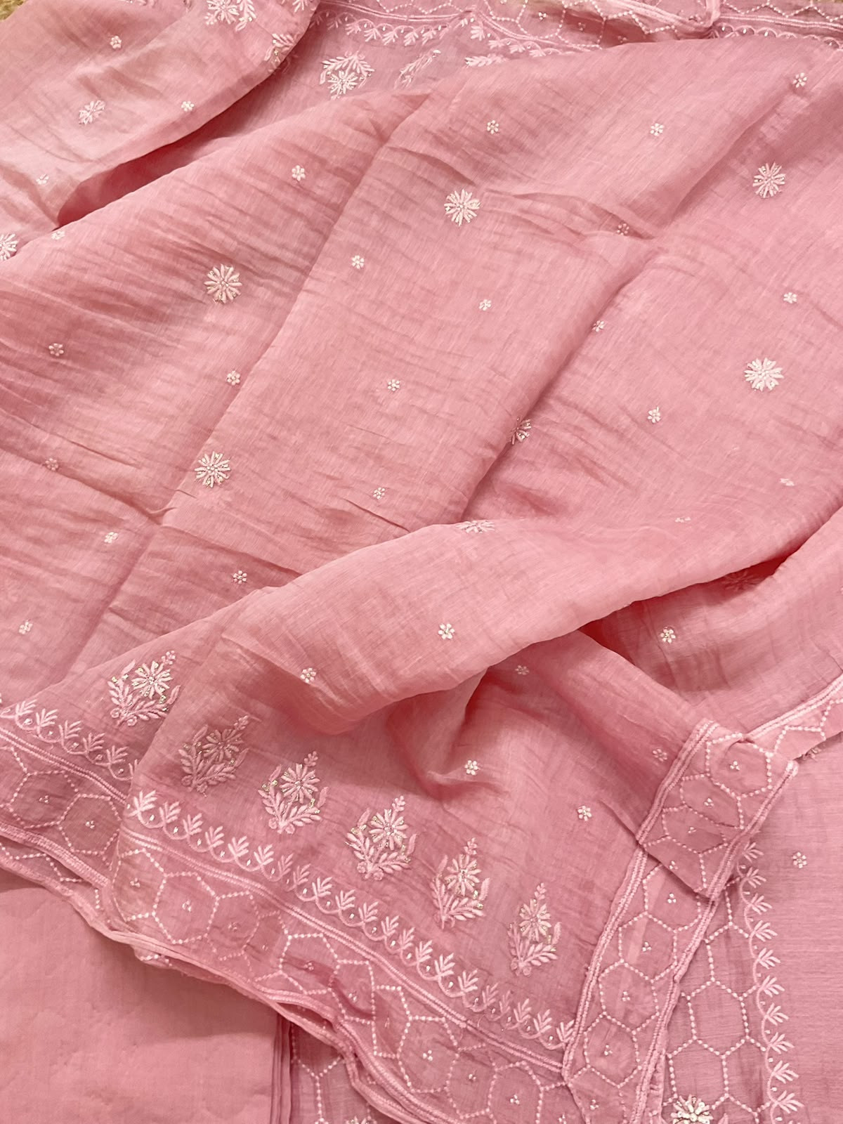 Pure Mul Chanderi Embroidered Suit - Pink