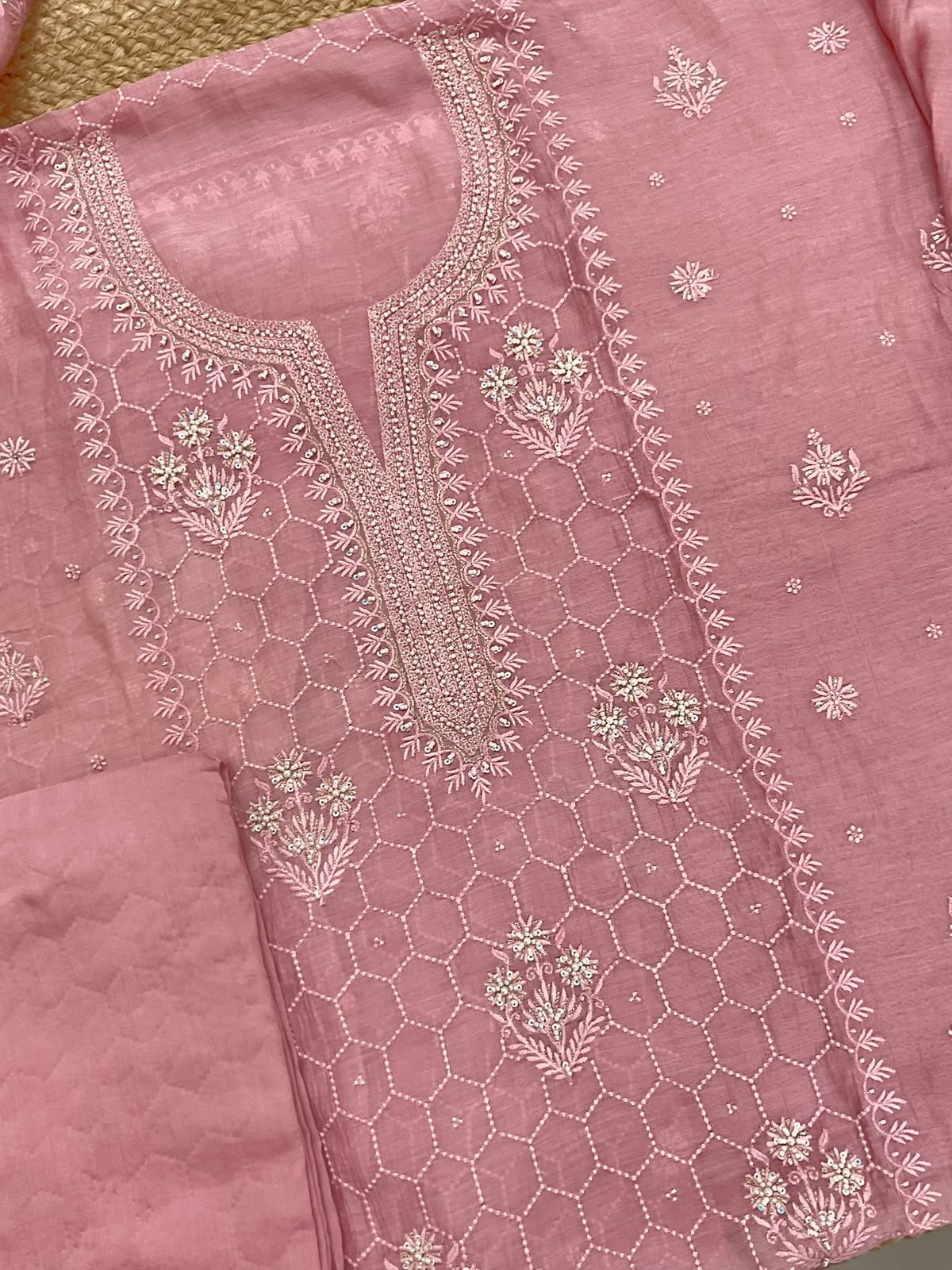 Pure Mul Chanderi Embroidered Suit - Pink