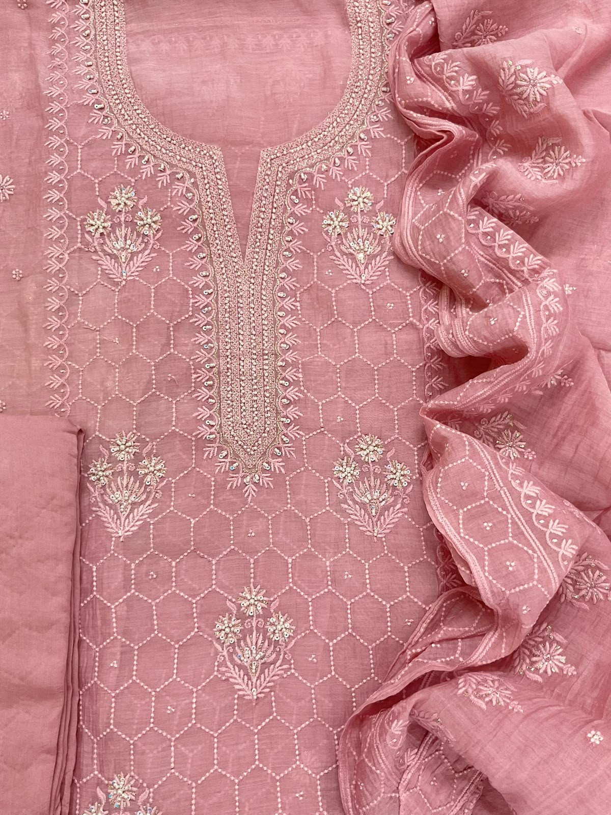 Pure Mul Chanderi Embroidered Suit - Pink
