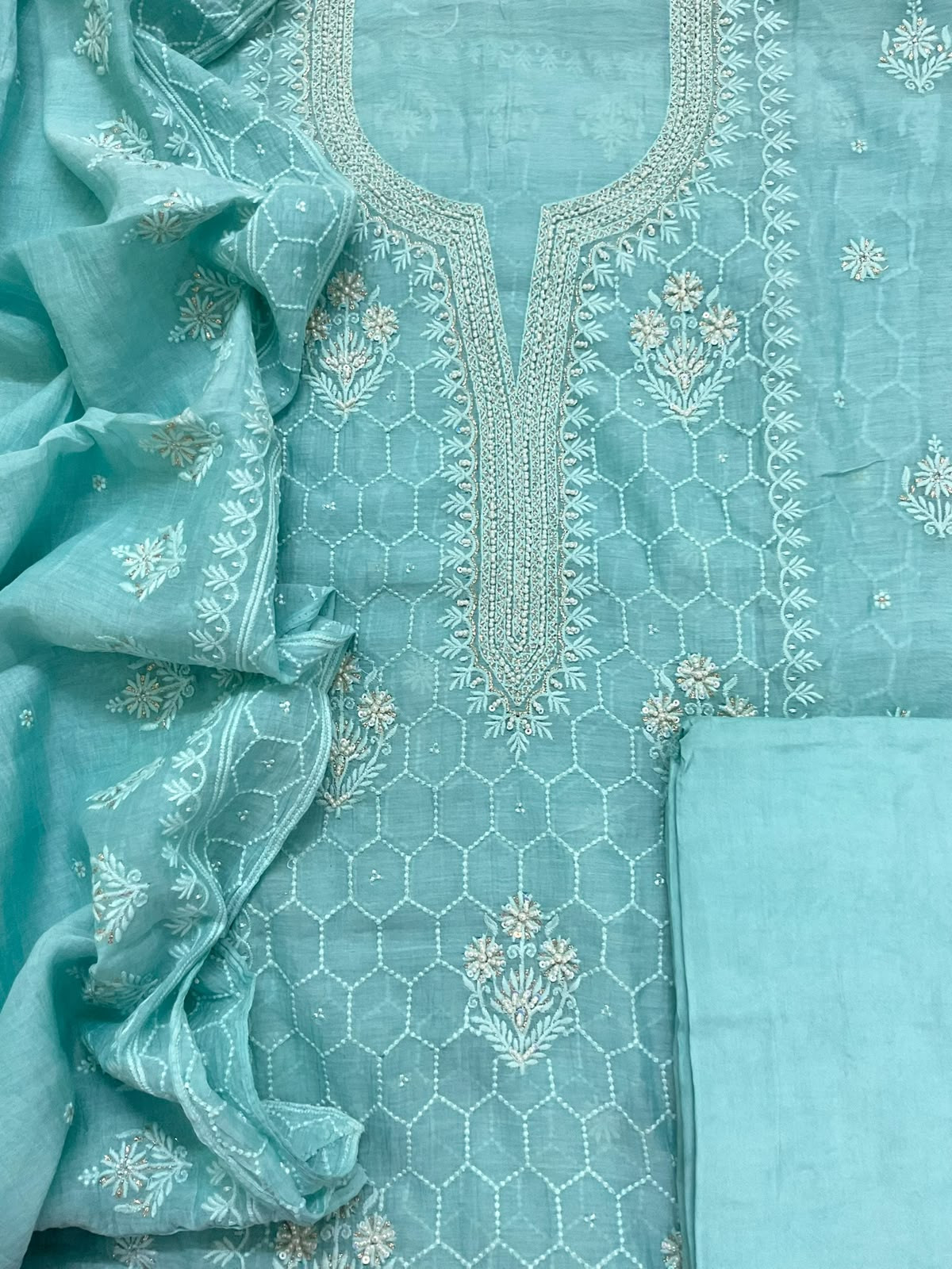 Pure Mul Chanderi Embroidered Suit - Blue
