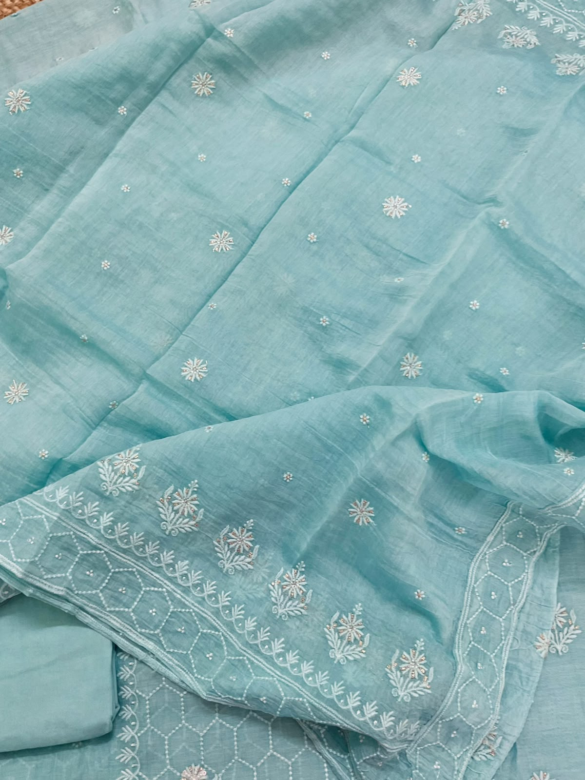 Pure Mul Chanderi Embroidered Suit - Blue
