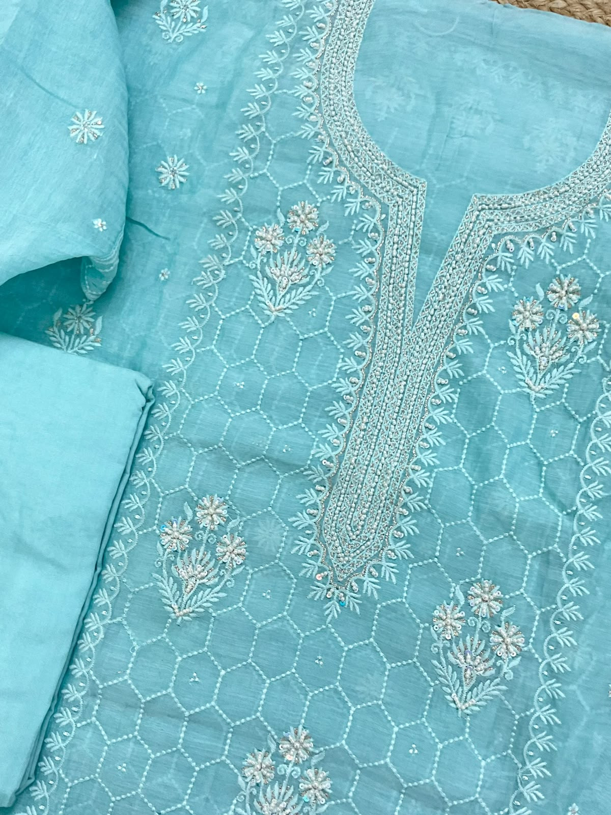 Pure Mul Chanderi Embroidered Suit - Blue
