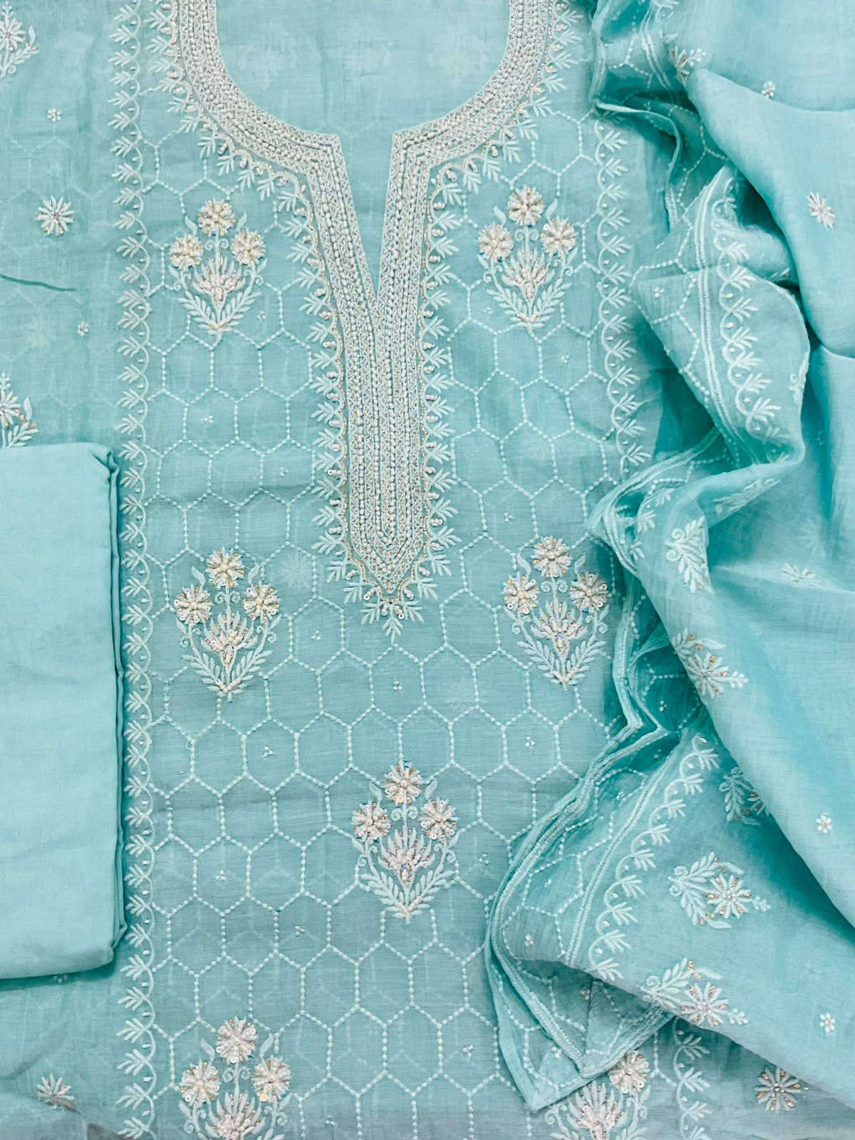 Pure Mul Chanderi Embroidered Suit - Blue
