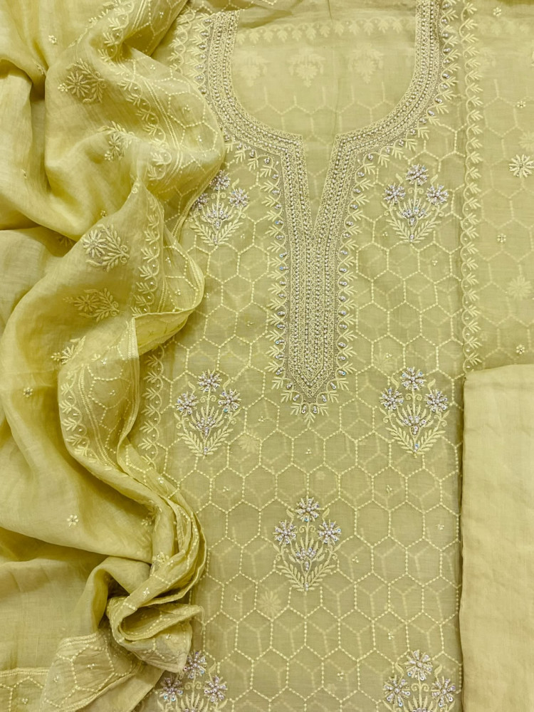 Image of Pure Mul Chanderi Embroidered Suit - Yellow