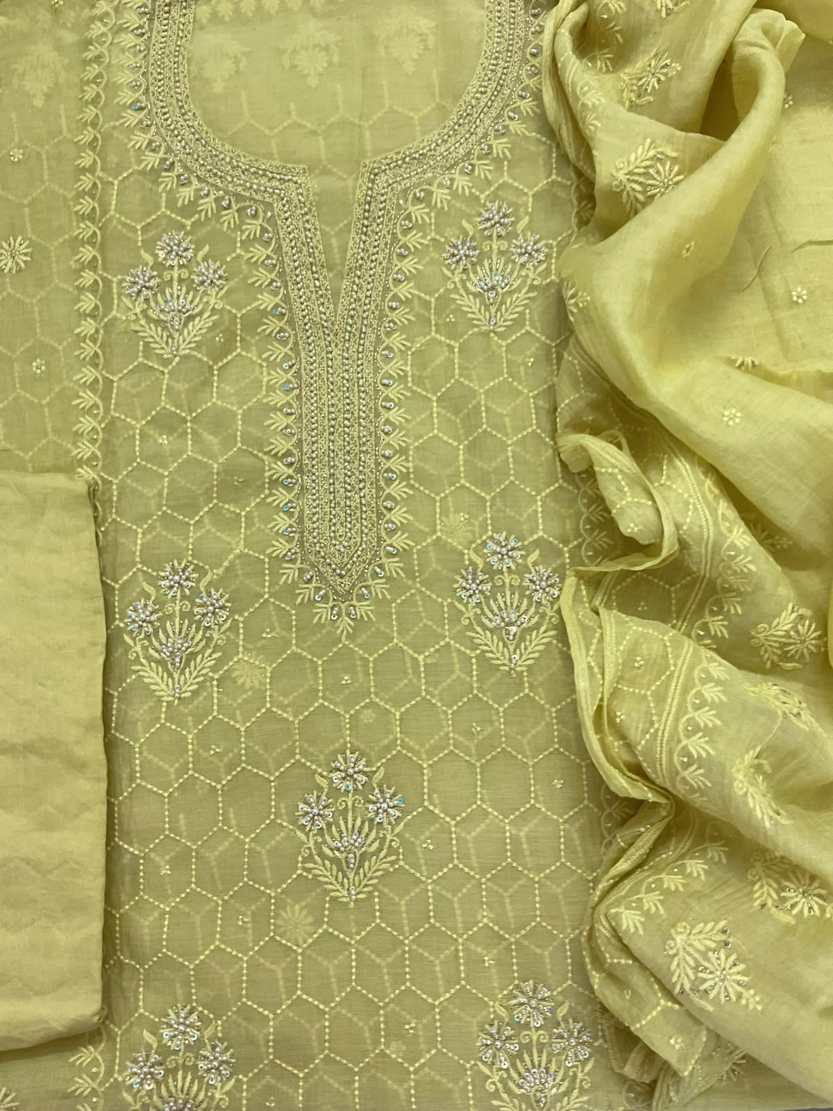 Pure Mul Chanderi Embroidered Suit - Yellow