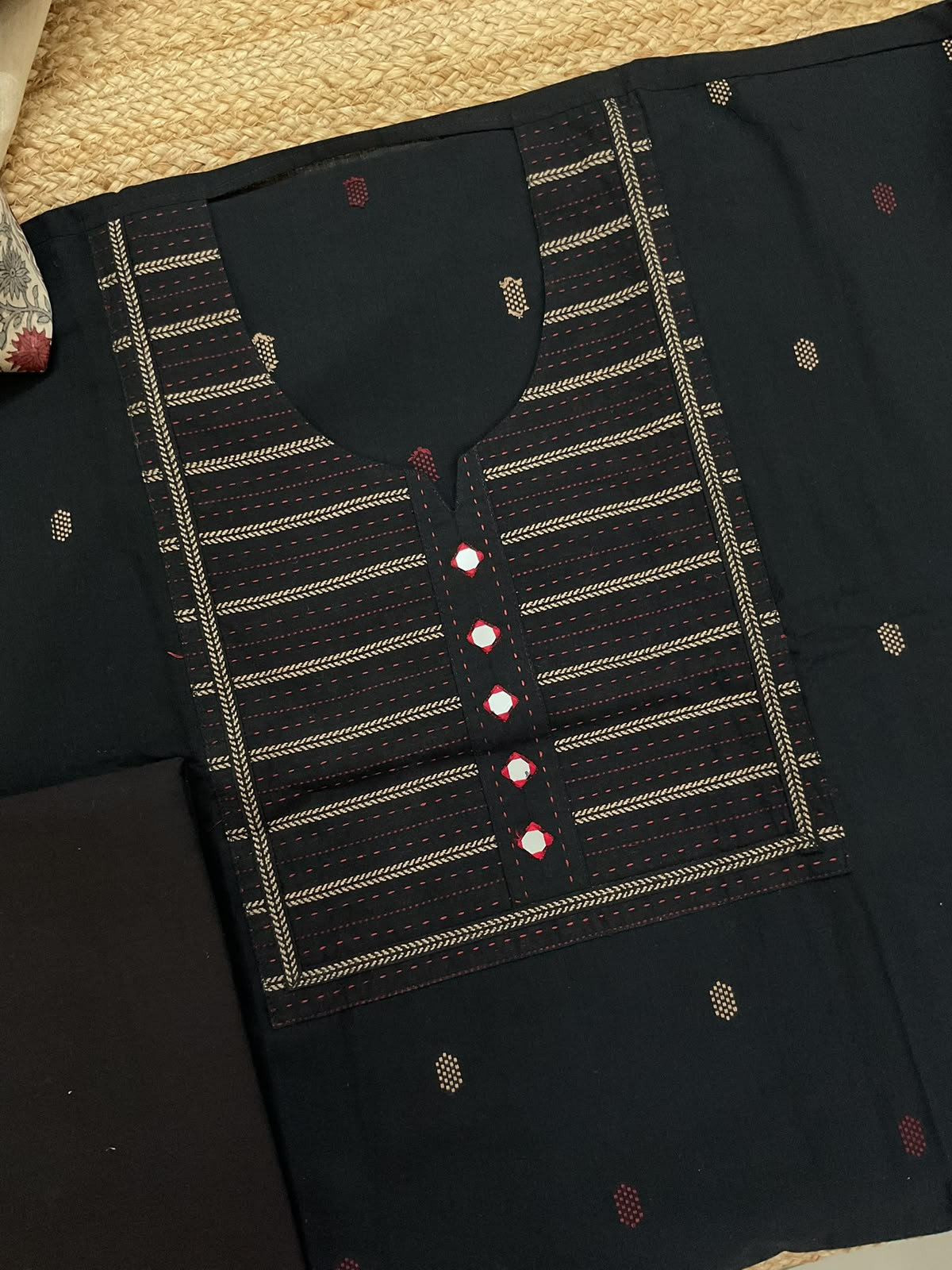 Pure Handloom Cotton Printed Embroidered Self Weaved Suit - Black