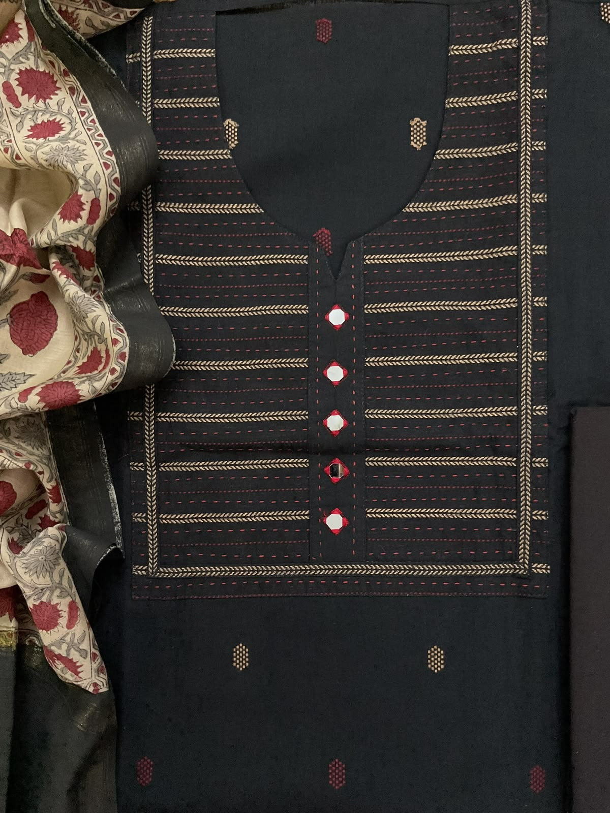 Pure Handloom Cotton Printed Embroidered Self Weaved Suit - Black