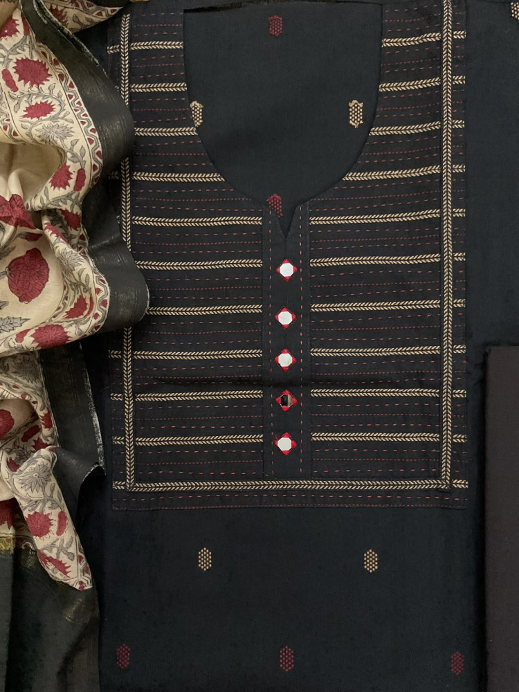 Image of Pure Handloom Cotton Printed Embroidered Self Weaved Suit - Black